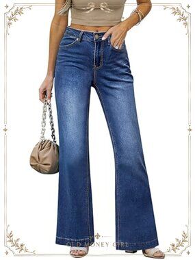 Womens Mid Rise Flare Jeans Stretch Denim Distressed Wide Leg